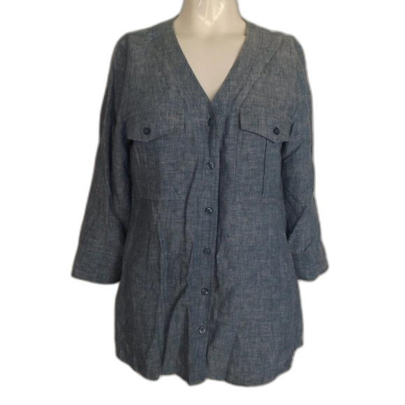 ORVIS Top, M, Chambray Linen, Button front/No collar, 3/4 sleeves, 2 pockets - Picture 9 of 12
